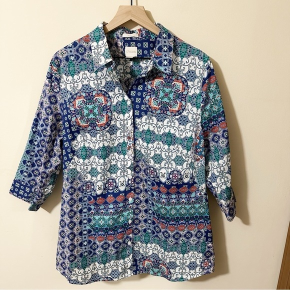Chico's Tops - Chicos Womens Floral Button Up 3/4 Sleeve Shirt Size 3